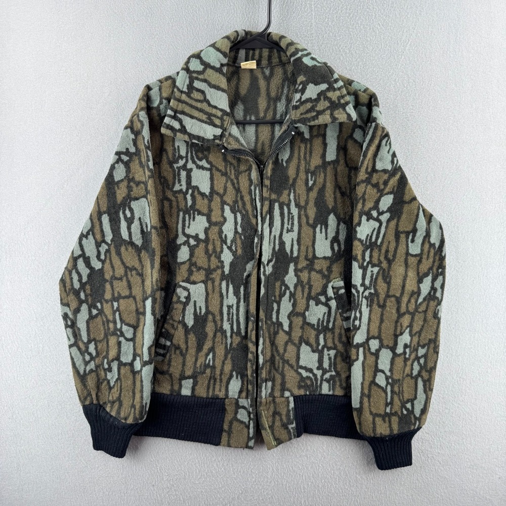 Vintage Trebark Camo Fleece Bomber Jacket Mens Small 80s Full Zip Hunting USA